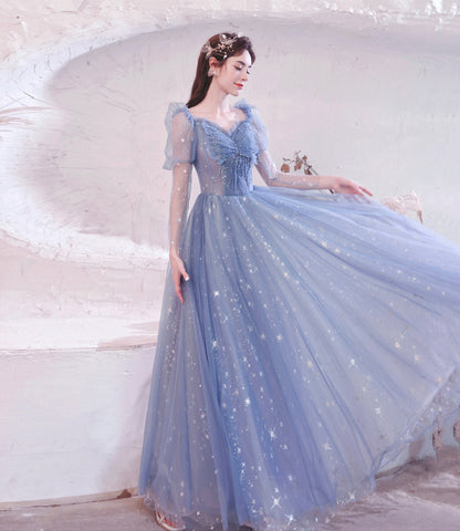 Blue tulle long A line prom dress blue evening dress  10530