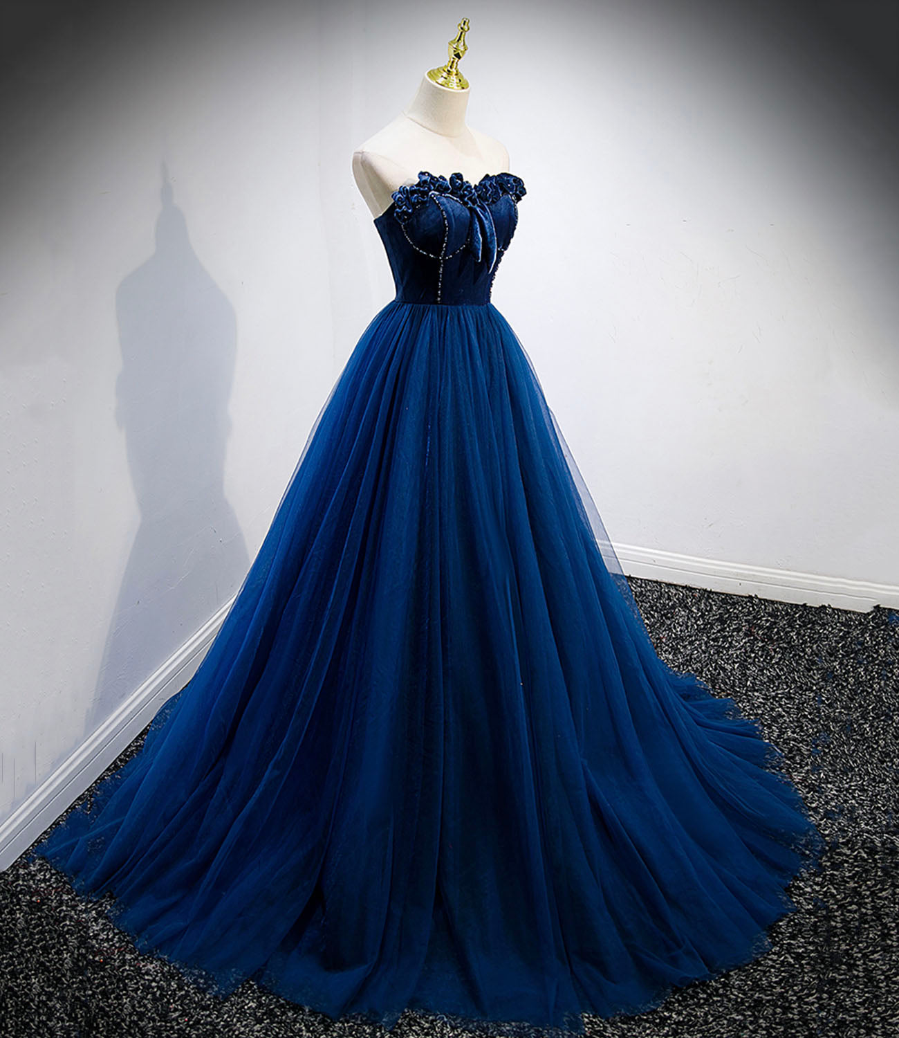 Blue velvet tulle long prom dress blue evening gown  10161