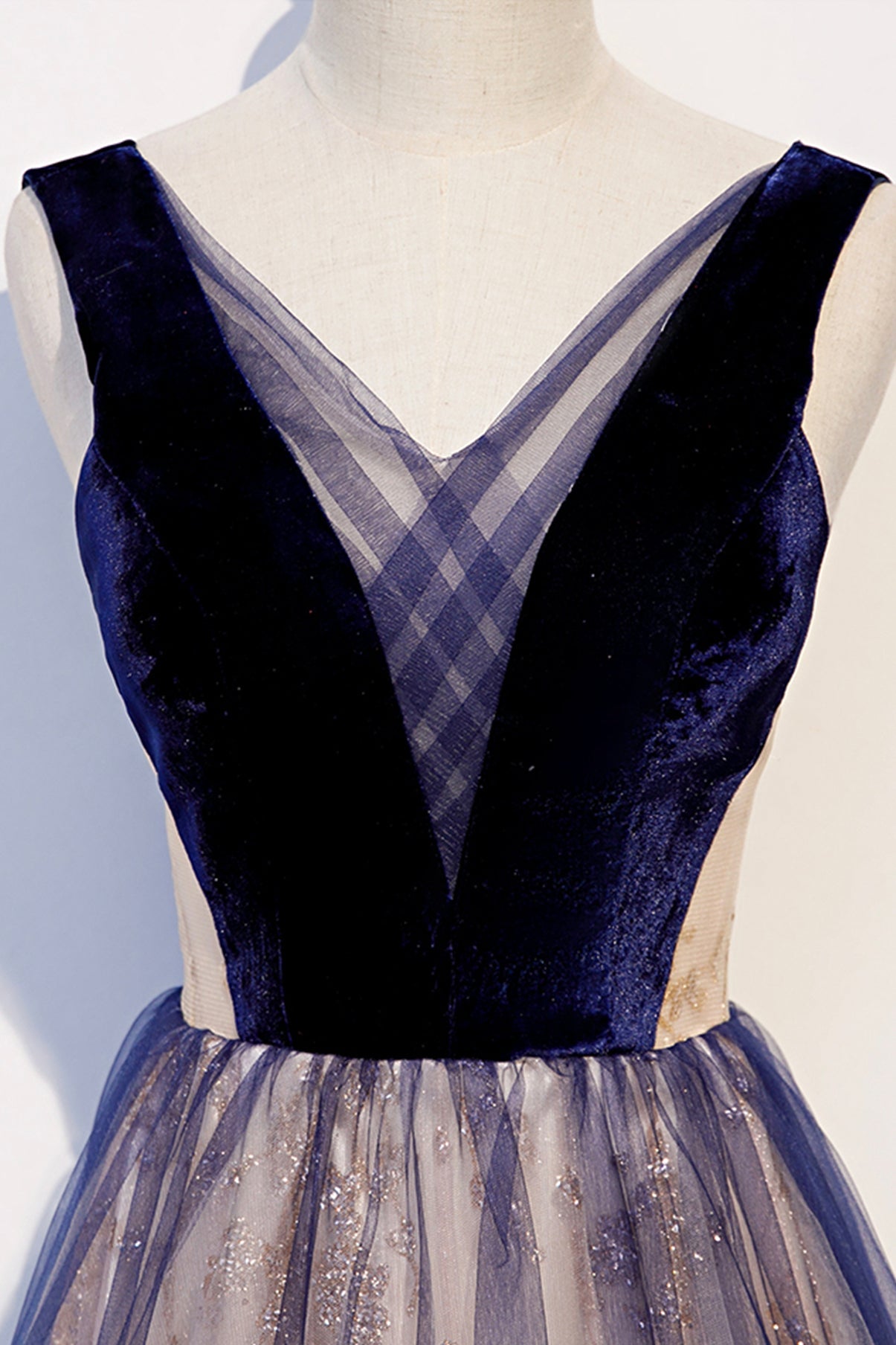 Blue v neck tulle long A line prom dress formal dress  8636