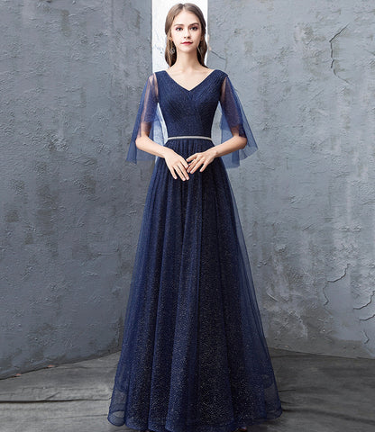 Blue tulle long prom dress A line evening dress  10377
