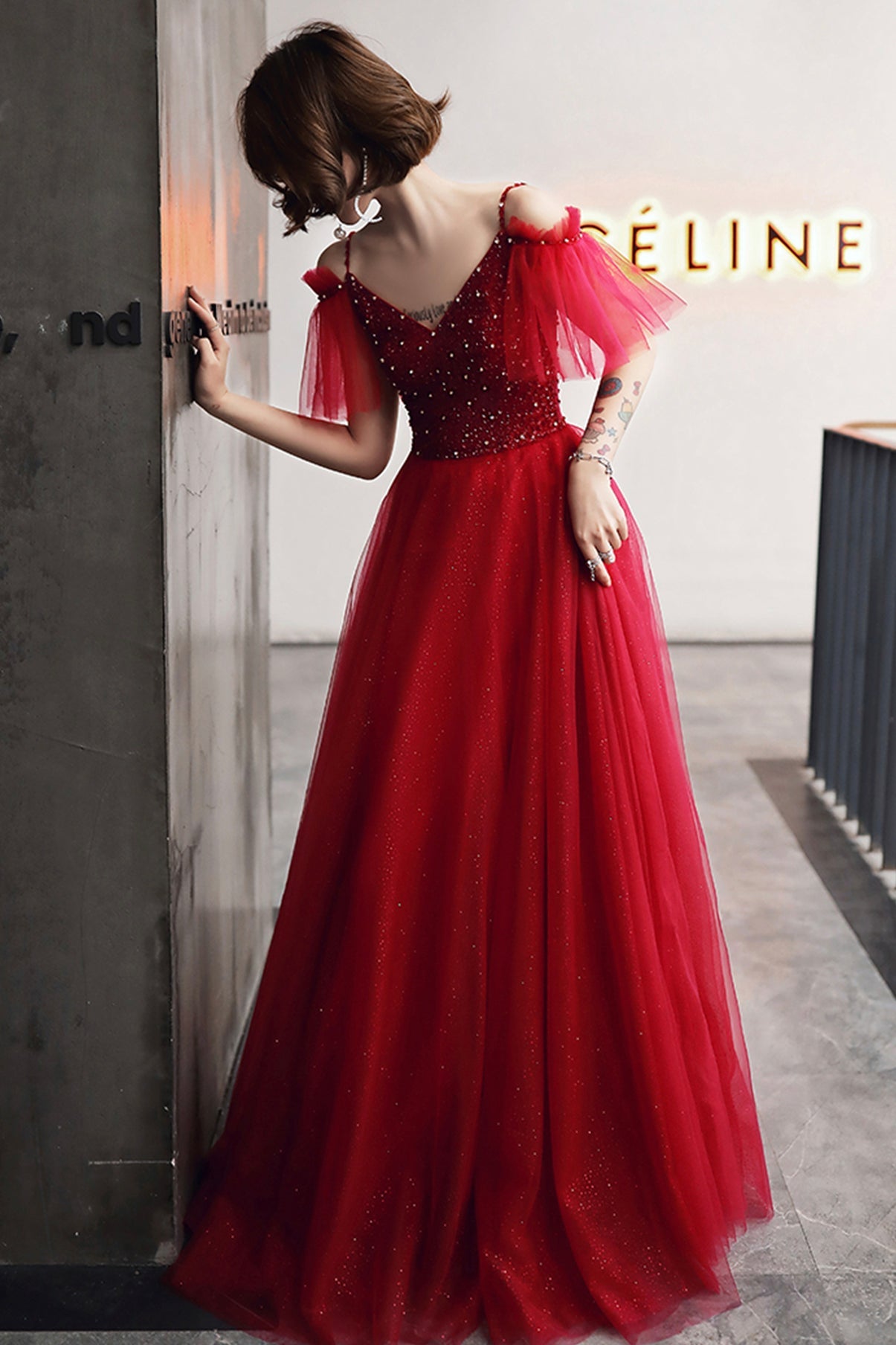 Burgundy tulle beads long A line prom dress evening dress  8767