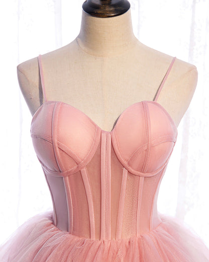 Pink tulle long prom dress pink evening dress  8518