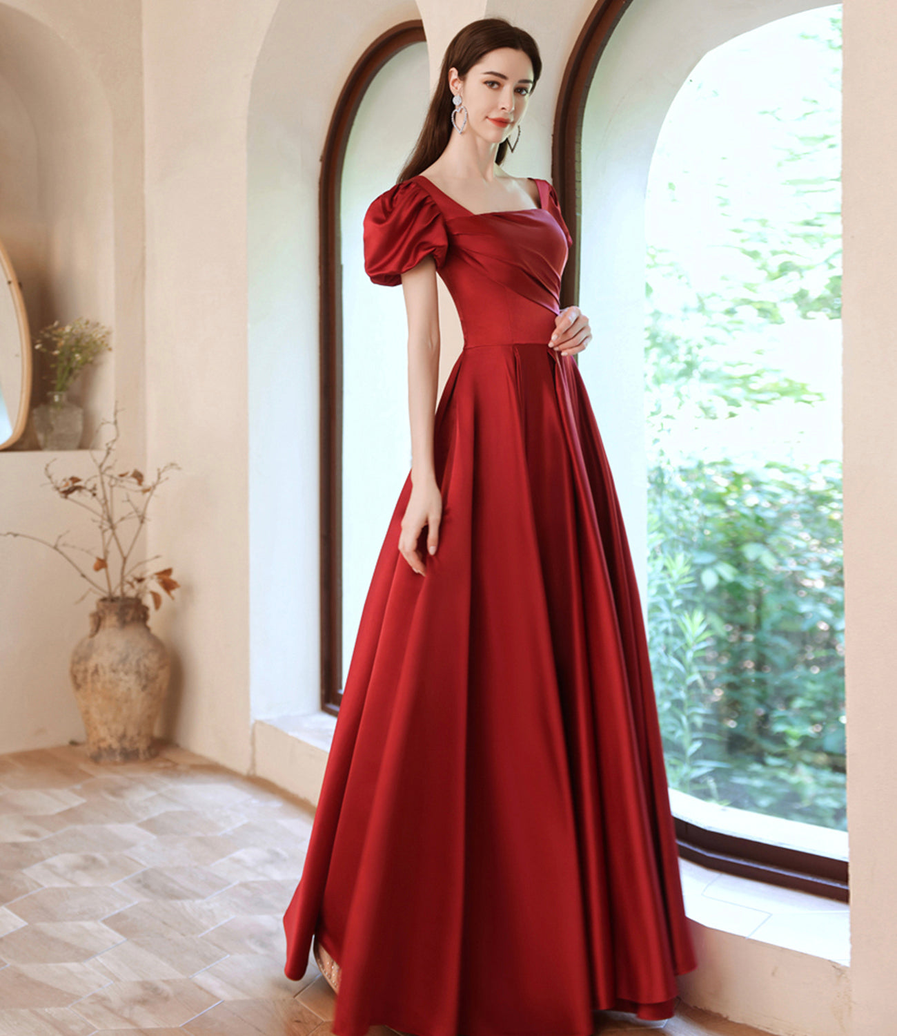 Burgundy satin long A line prom dress evening dress  8829