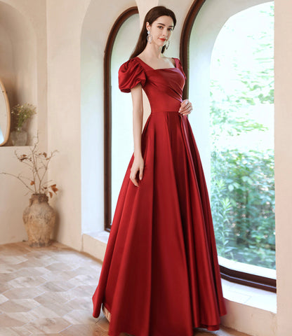 Burgundy satin long A line prom dress evening dress  8829