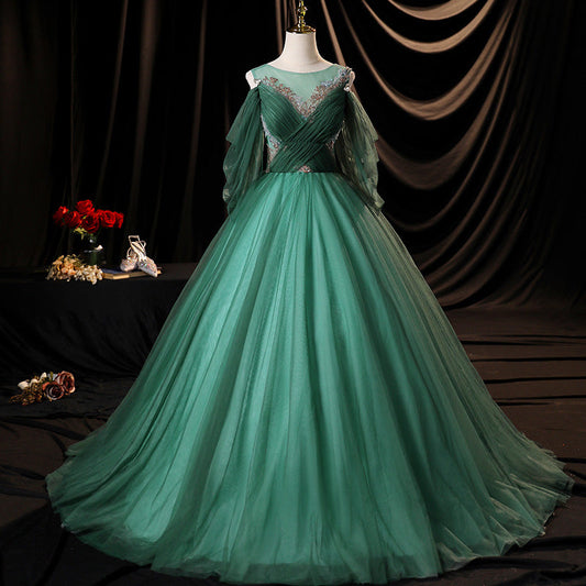 Green tulle long A line prom dress green evening dress  10635