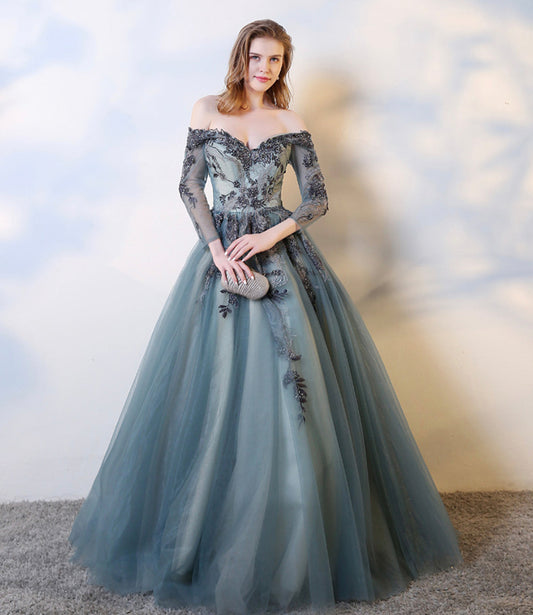 Blue lace long A line prom dress evening dress  8583