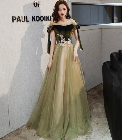 Green velvet tulle long A line prom dress evening dress  8828