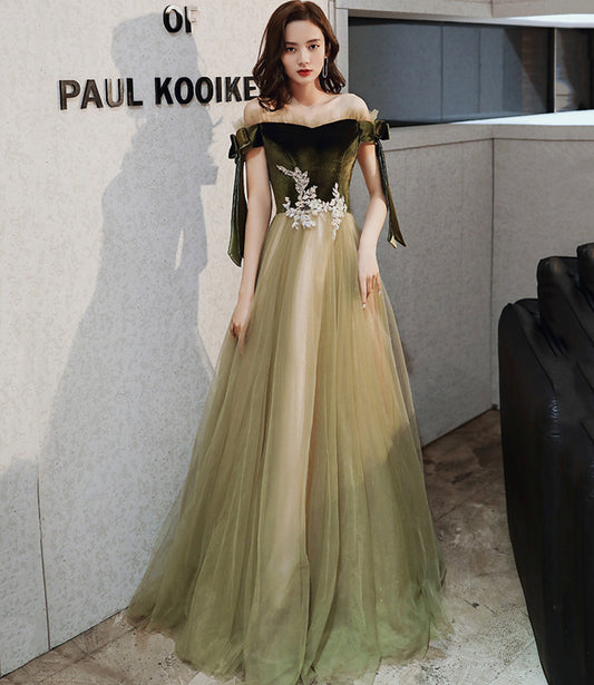 Green velvet tulle long A line prom dress evening dress  8828