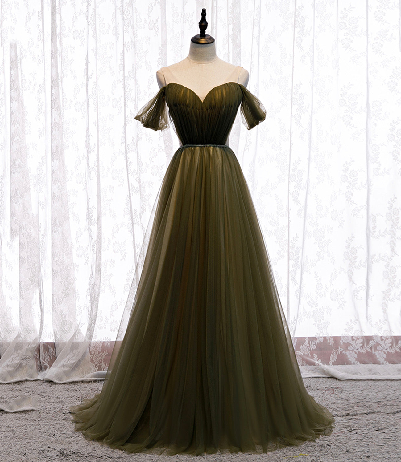 Green tulle long A line prom dress green evening dress  8929