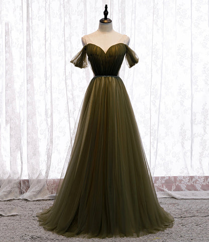 Green tulle long A line prom dress green evening dress  8929
