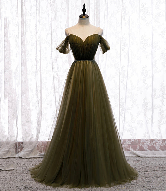 Green tulle long A line prom dress green evening dress  8929