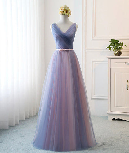 Blue v neck tulle long prom dress evening dress  8495