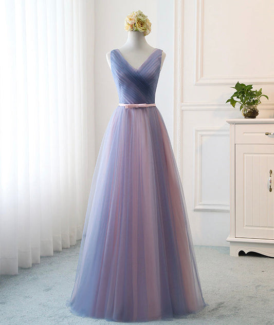 Blue v neck tulle long prom dress evening dress  8495