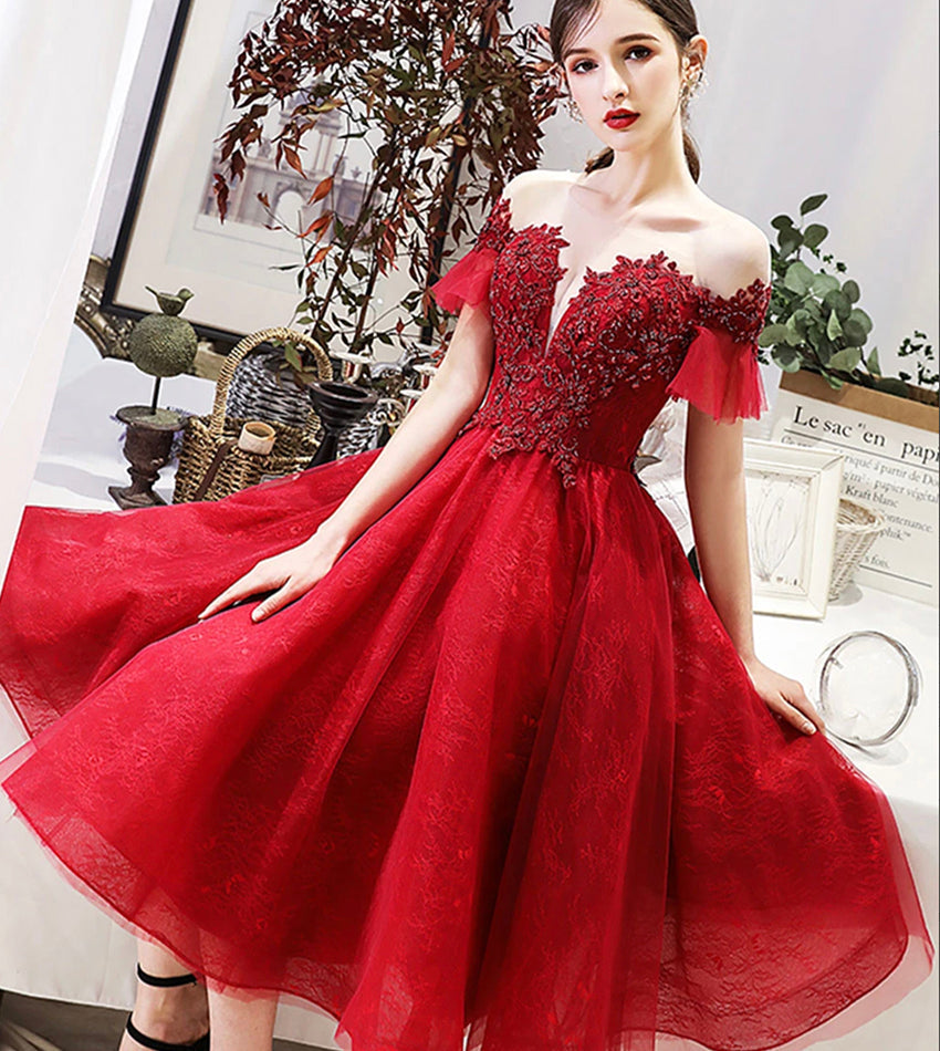 Burgundy lace short prom dress party dress  8527