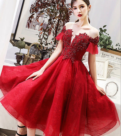 Burgundy lace short prom dress party dress  8527