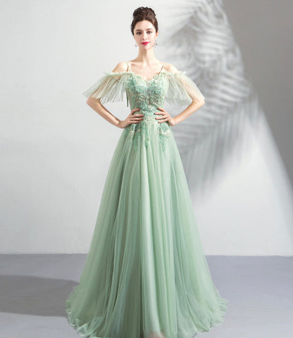 Green tulle lace long prom dress A line evening dress  10575