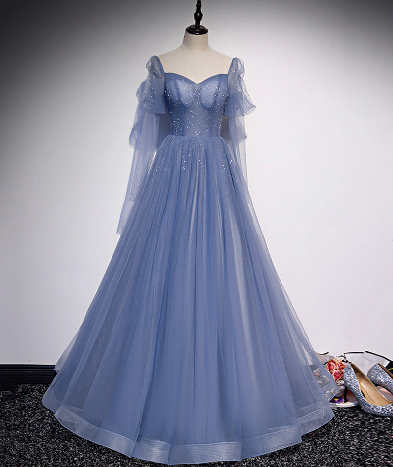 Blue tulle long prom dress simple evening dress  8430