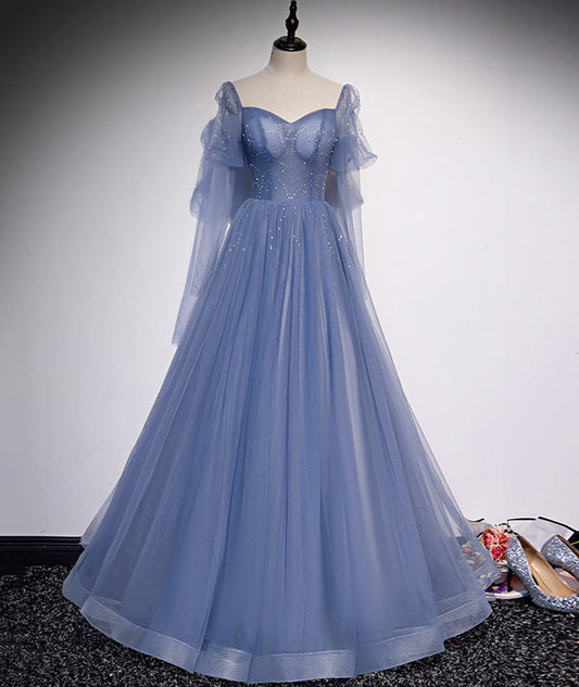 Blue tulle long prom dress simple evening dress  8430