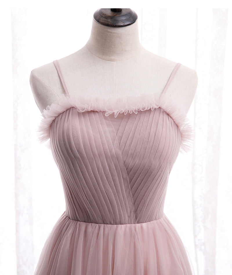 Pink tulle long prom dress simple evening dress  8399