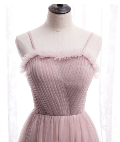 Pink tulle long prom dress simple evening dress  8399