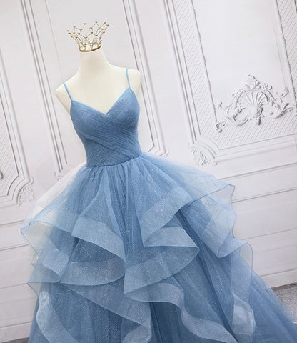 Blue tulle long prom dress blue evening gown  10248