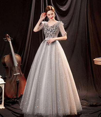 Gray tulle sequins long prom dress A line evening dress  8996