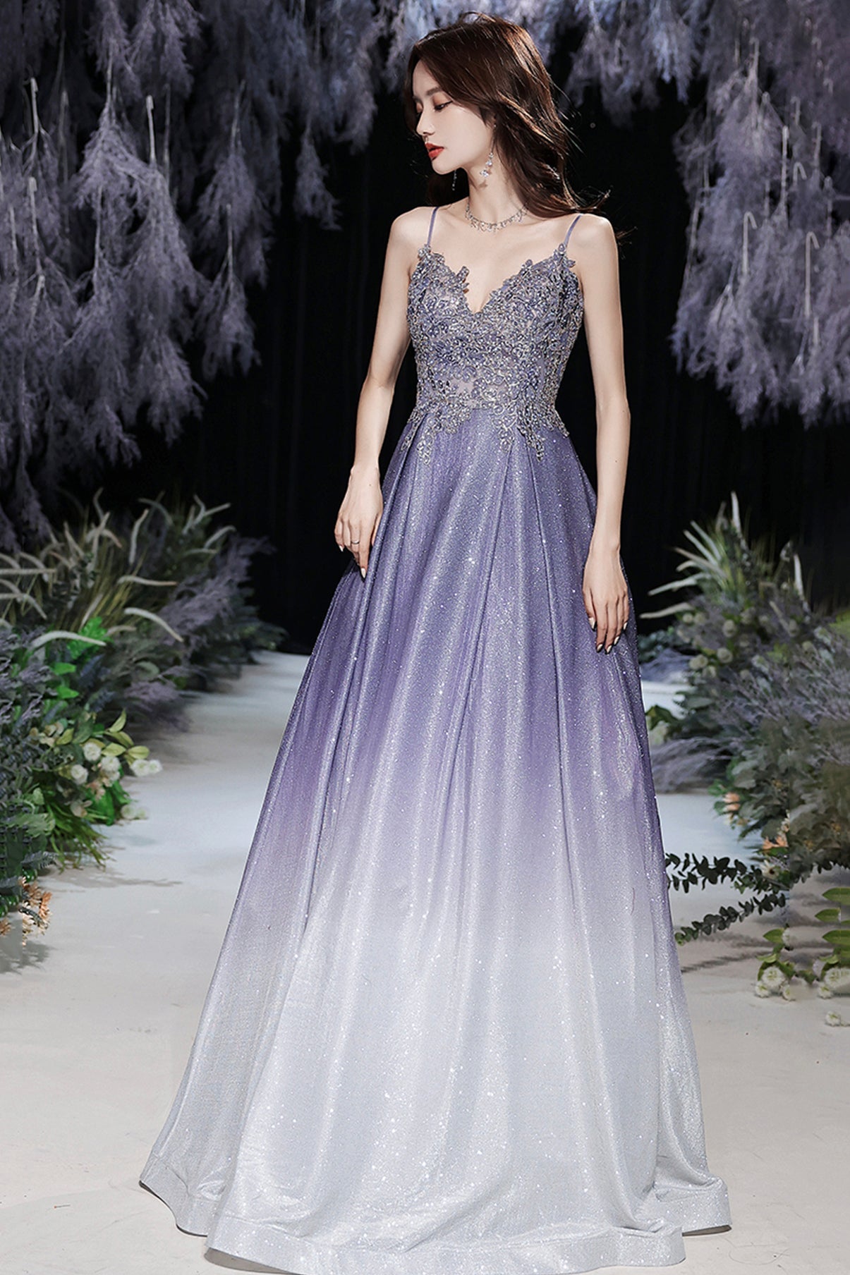 Stylish v neck lace long prom dress evening dress  8567