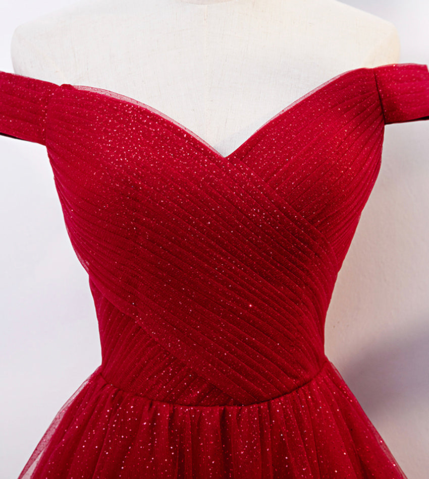 Burgundy tulle long prom dress evening dress  8389