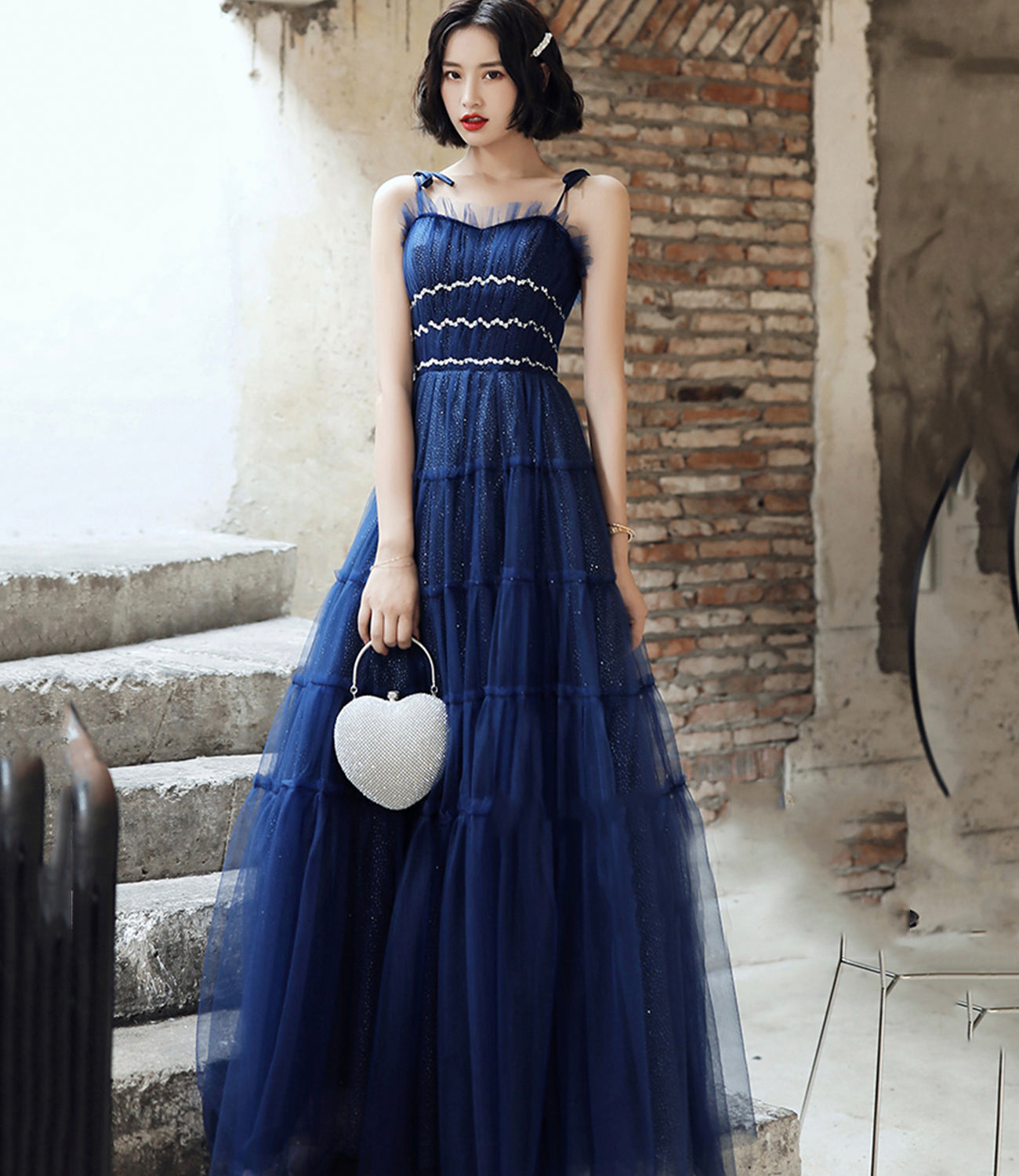 Blue tulle long A line prom dress blue evening dress  8741