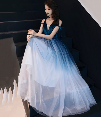 Blue velvet tulle long prom dress evening dress  10069