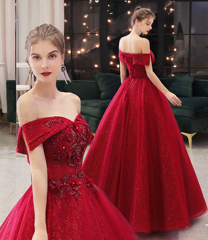 Burgundy tulle lace long prom dress A line evening gown  10323