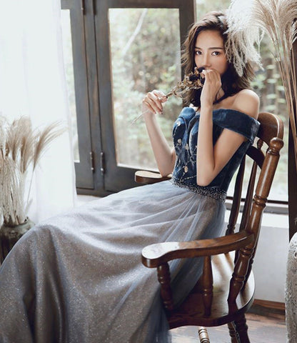 Blue velvet tulle long prom dress evening gown  10233