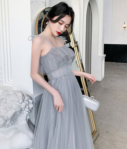 Gray tulle sequins long prom dress party dress  8342
