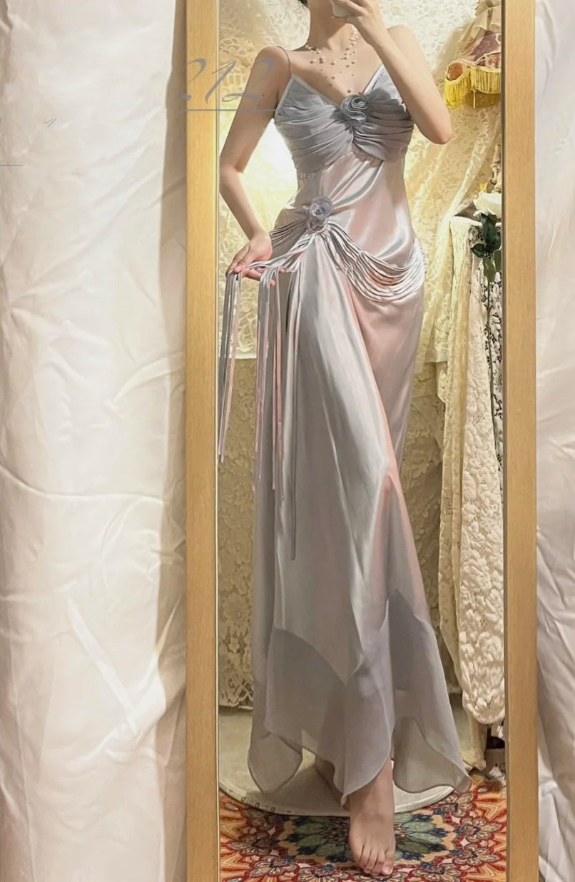 Grey blue floral long satin ball gown, evening gown, graduation gown gh4508