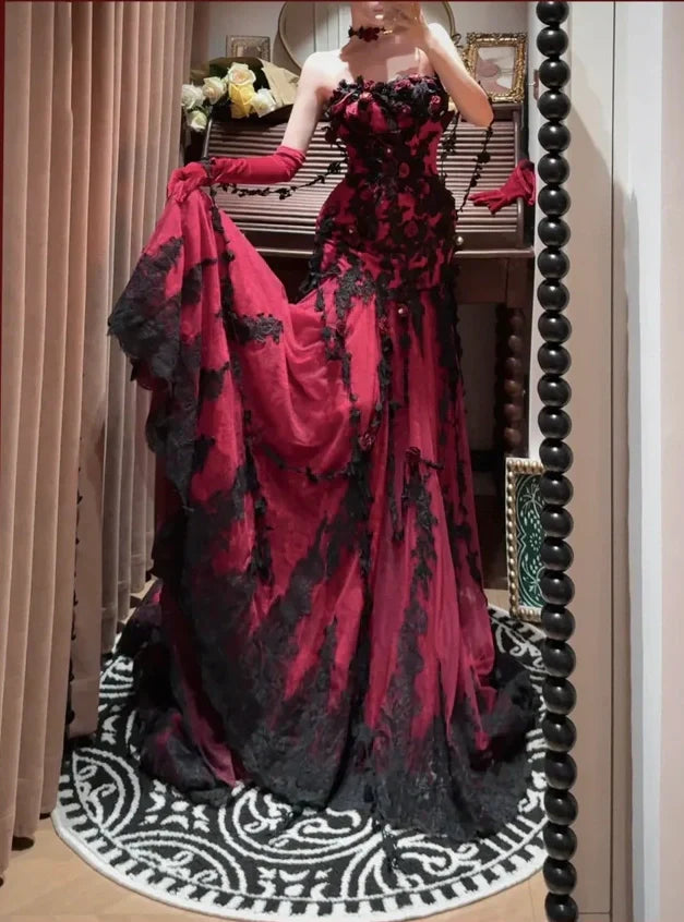 Burgundy Mysterious Red Rose Gorgeous Exquisite Lace Tulle Long Floor-Length Trailing Ball Gown Evening Gown gh4253