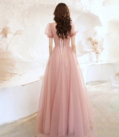 Cute tulle long prom dress pink A line evening dress  10524