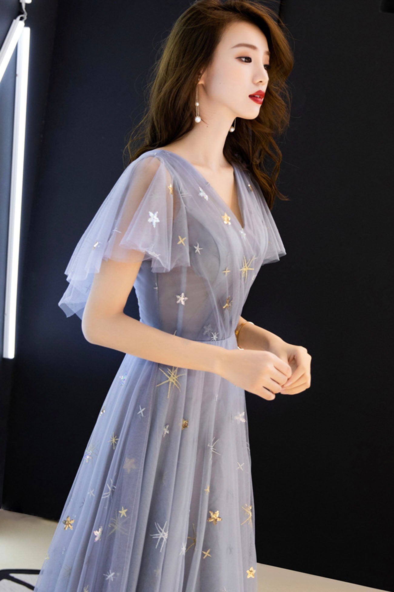 Blue v neck tulle long prom dress blue evening dress  10640