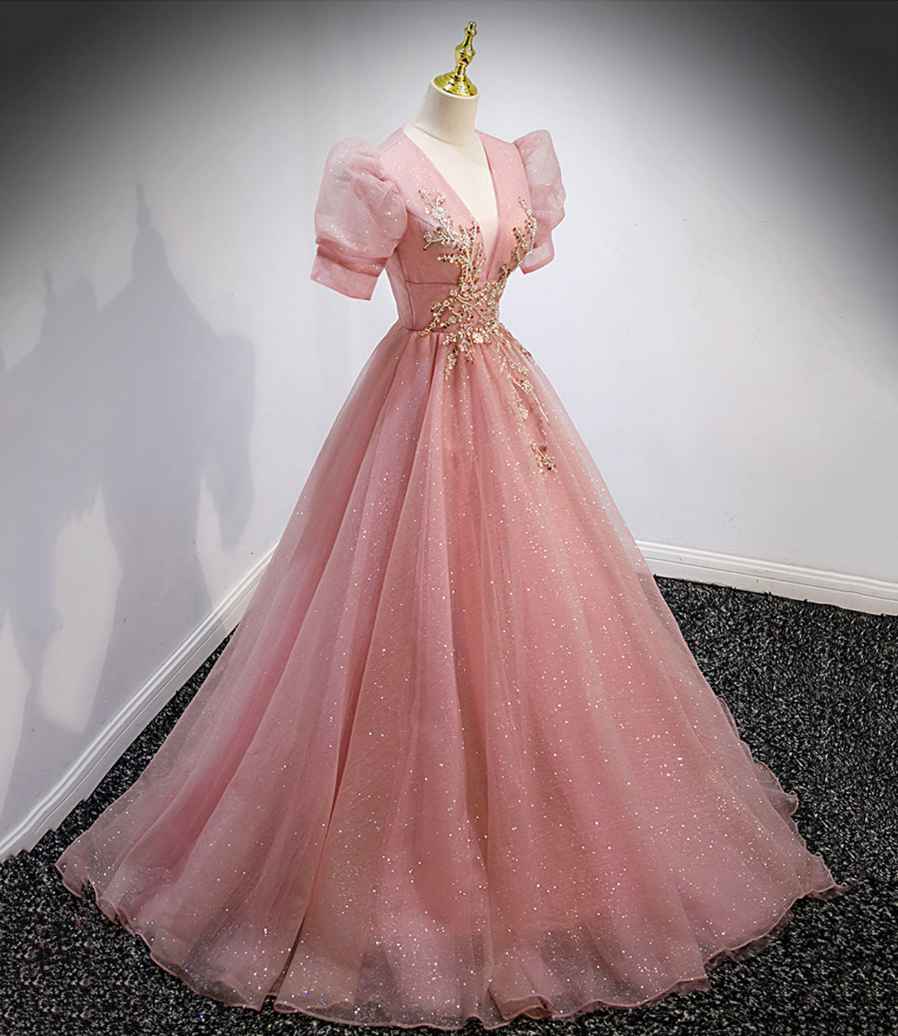 Pink tulle beads long prom dress A line evening gown  10162