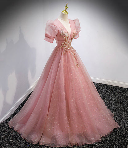 Pink tulle beads long prom dress A line evening gown  10162