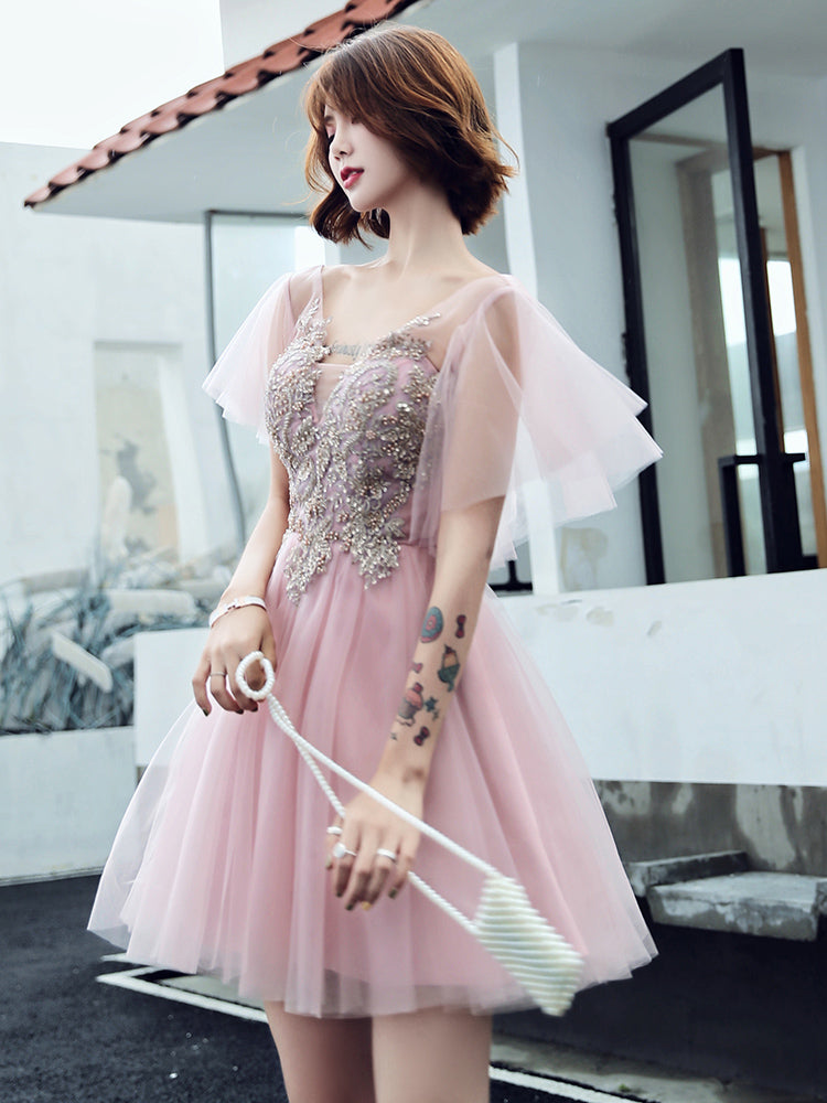 Pink v neck tulle short prom dress  8222