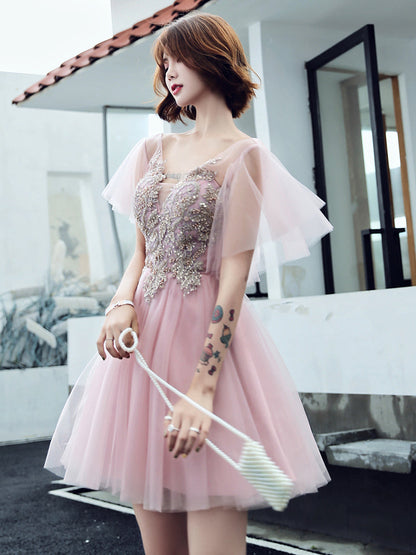 Pink v neck tulle short prom dress  8222