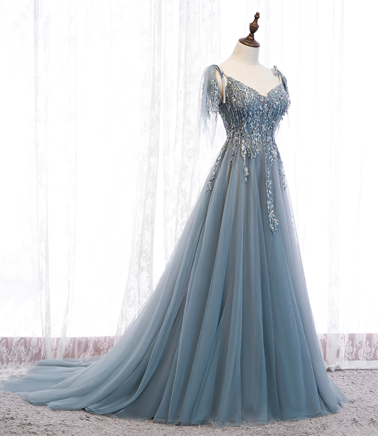 Blue tulle lace long prom dress blue evening dress  10356