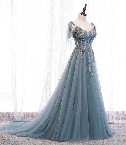 Blue tulle lace long prom dress blue evening dress  10356