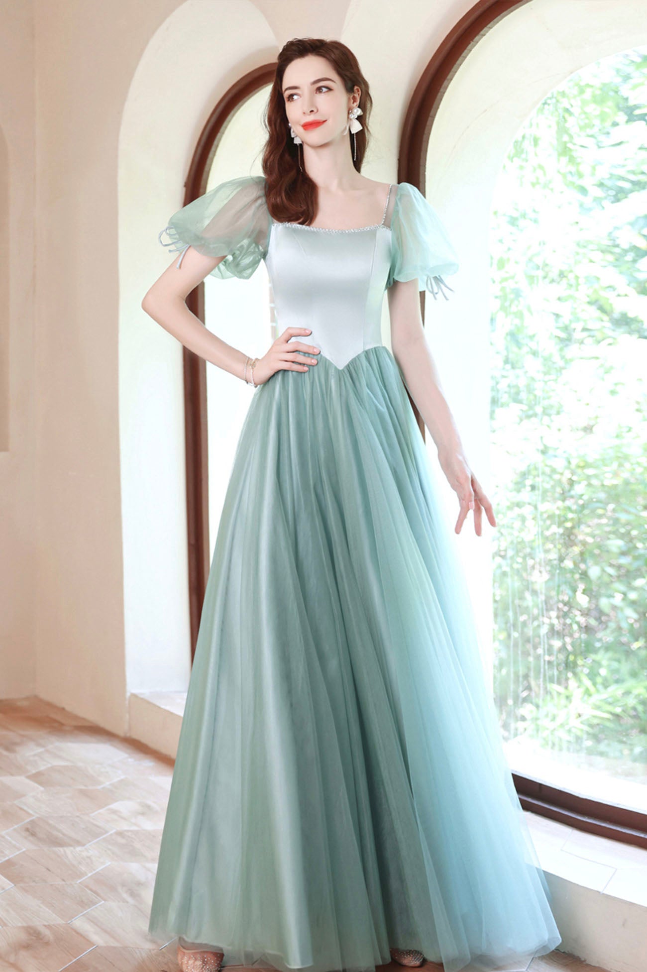 Green satin tulle long prom dress green evening dress  10618