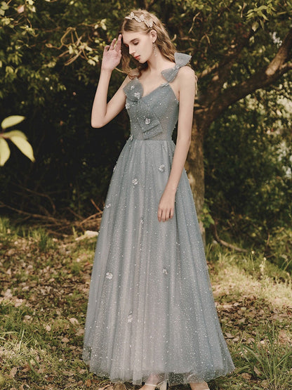 Gray tulle sequin tea length prom dress, gray evening dress