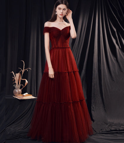 Stylish tulle long prom dress burgundy evening dress  8873