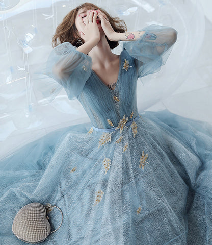 Blue tulle lace long A line prom dress evening dress  8827