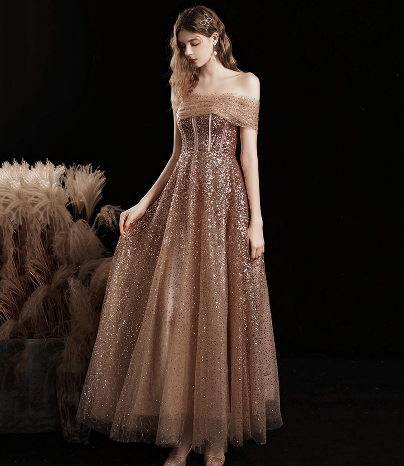 Shiny tulle sequins tea length prom dress evening dress  10412