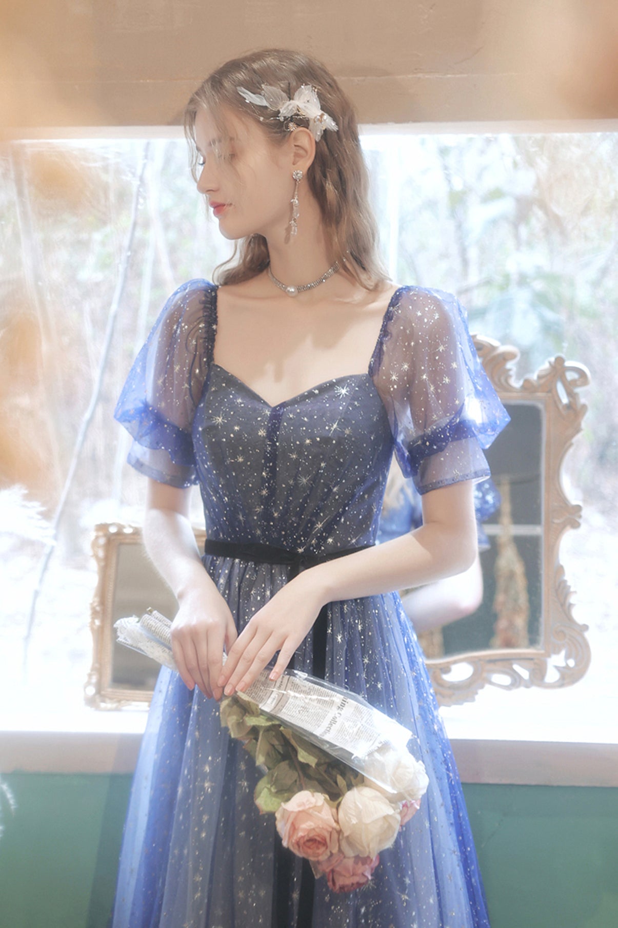 Blue tulle long A line prom dress blue evening dress  8658