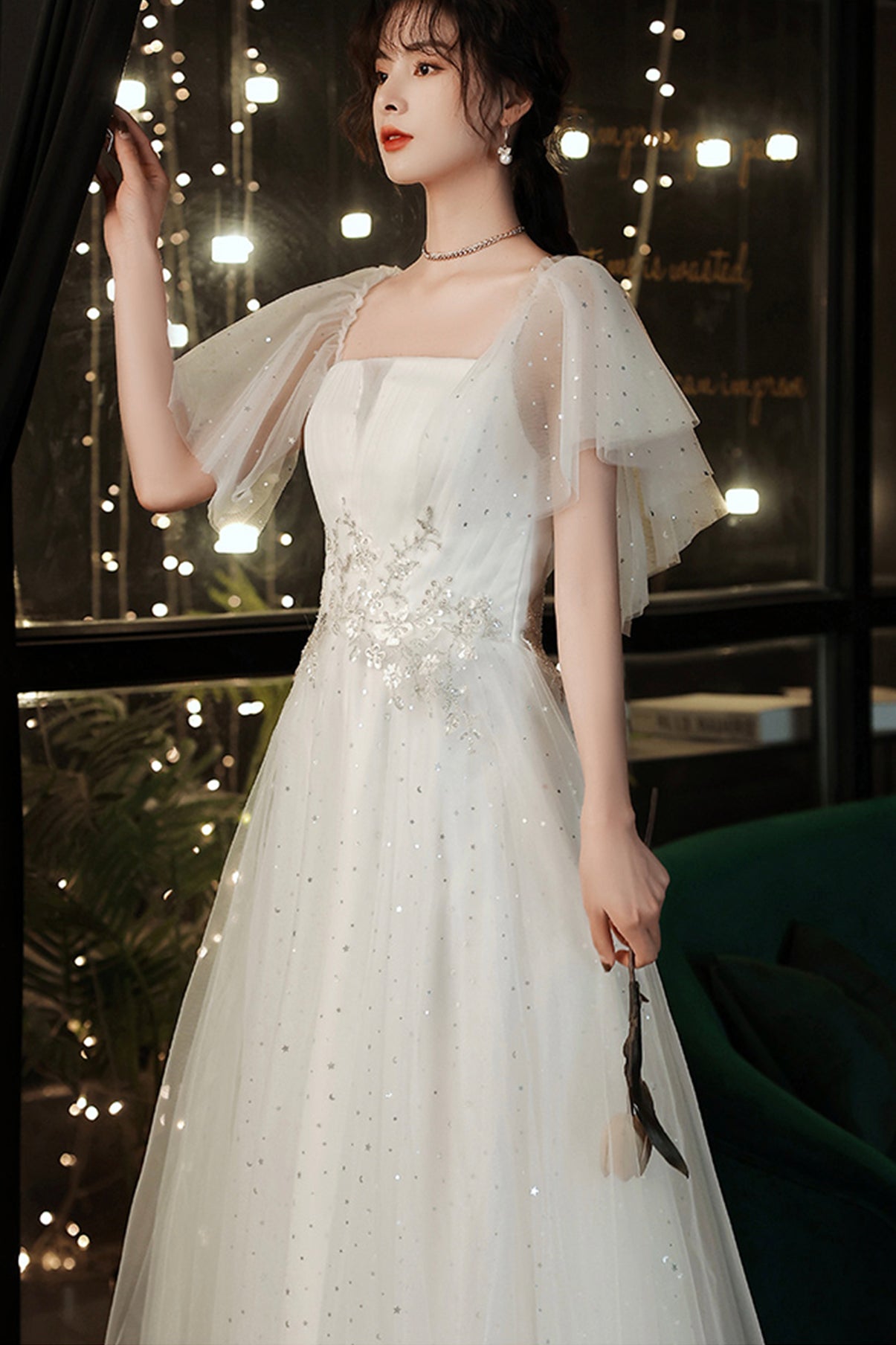 White tulle long A line prom dress white evening dress  8762